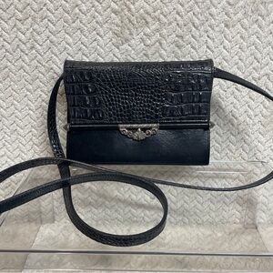Vintage 90s Brighton Black Leather Embossed Convertible Crossbody Clutch Wallet